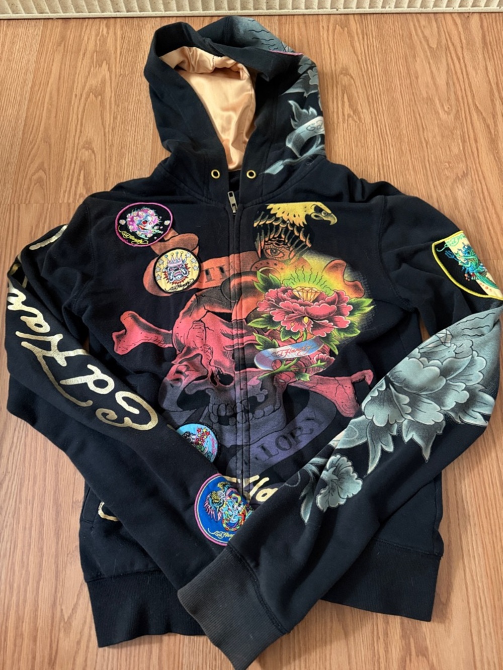 Ed Hardy Black Zip-Up Hoodie with Multicolor Skull & Floral Graphics